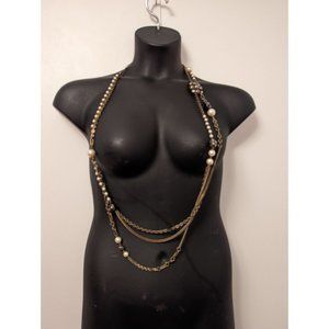 VTG Lia Sophia 48 inch Necklace two strand white & black pearl statement gold